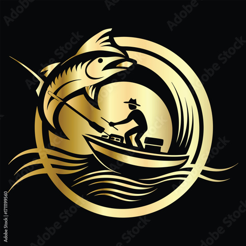 Golden Marlin Fish Logo Design – Luxury Sailfish Vector Emblem for Sport Fishing, Seafood Branding, Ocean Adventure Badge, Premium Fisherman Club Icon, Stylish Golden Logo Illustration.
