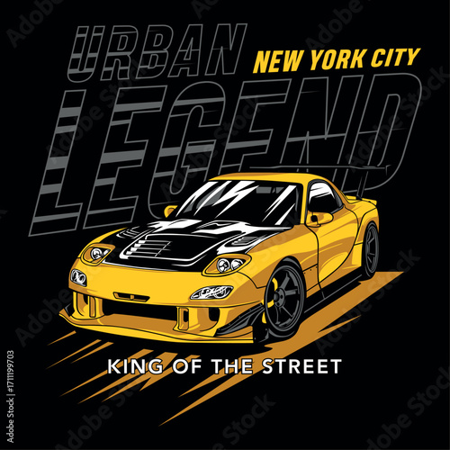 Yellow Sports Car Illustration with Black Hood and Spoiler Urban Legend Style.