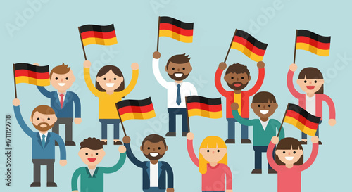Happy Multicultural Crowd of People Waving German Flags.