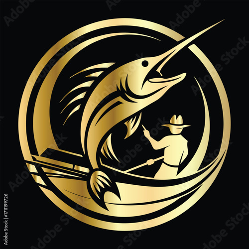 Golden Marlin Fish Logo Design – Luxury Sailfish Vector Emblem for Sport Fishing, Seafood Branding, Ocean Adventure Badge, Premium Fisherman Club Icon, Stylish Golden Logo Illustration.
