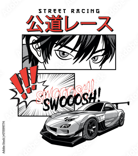 Sleek Silver Sports Car in Dynamic Anime-Style Street Racing Illustration.