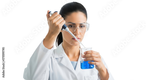 A female scientist in a lab coat and safety glasses uses a pipette to transfer blue liquid into a beaker, isolated on transparent background
