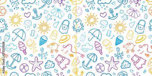 Whimsical hand drawn summer vacation beach holiday icons seamless pattern background