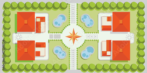 Top view of a modern residential complex with houses swimming pools and a central compass rose design