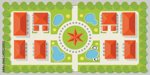Aerial view of a modern residential neighborhood with houses pools and a central park with a star shaped fountain