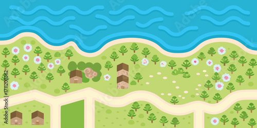 Charming cartoon landscape with houses trees flowers and a winding path leading to the ocean
