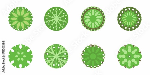 Collection of eight stylized green circular tree top view icons with different patterns and textures