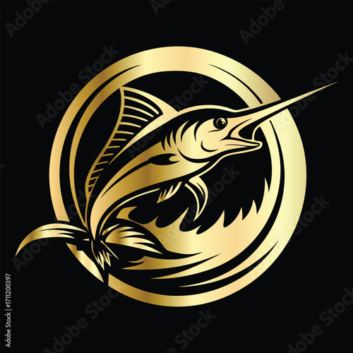 Golden Marlin Fish Logo Design – Luxury Sailfish Vector Emblem for Sport Fishing, Seafood Branding, Ocean Adventure Badge, Premium Fisherman Club Icon, Stylish Golden Logo Illustration.

