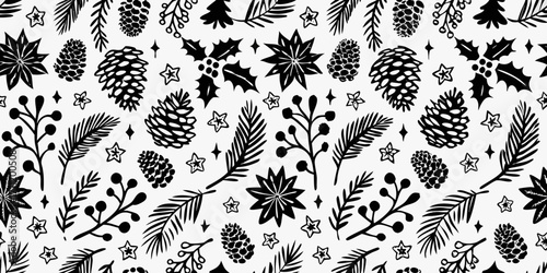 Seamless black and white hand drawn winter holiday pattern with pine cones holly berries and stars