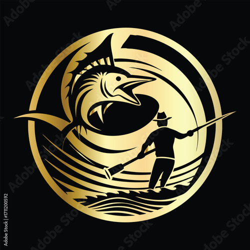 Golden Marlin Fish Logo Design – Luxury Sailfish Vector Emblem for Sport Fishing, Seafood Branding, Ocean Adventure Badge, Premium Fisherman Club Icon, Stylish Golden Logo Illustration.
