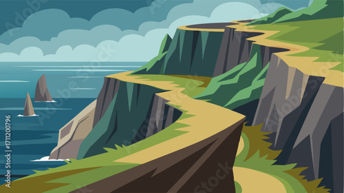 Jagged cliffs and rugged coastline stretch out before you as you follow the narrow path along the cliffs edge.