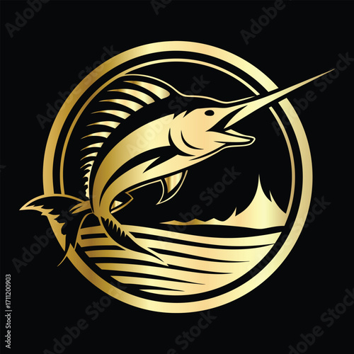 Golden Marlin Fish Logo Design – Luxury Sailfish Vector Emblem for Sport Fishing, Seafood Branding, Ocean Adventure Badge, Premium Fisherman Club Icon, Stylish Golden Logo Illustration.
