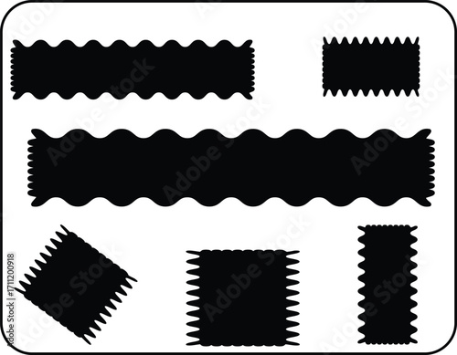 A set of wavy-edged black rectangle shapes for use as labels, tags, and frames in print and digital media.