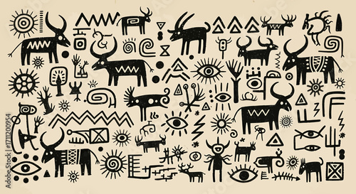 Primitive Style Black Animal and Symbol Drawings on Beige Background