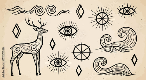 Stylized Deer with Swirls, Eyes, Waves, and Diamond Shapes in Black Ink