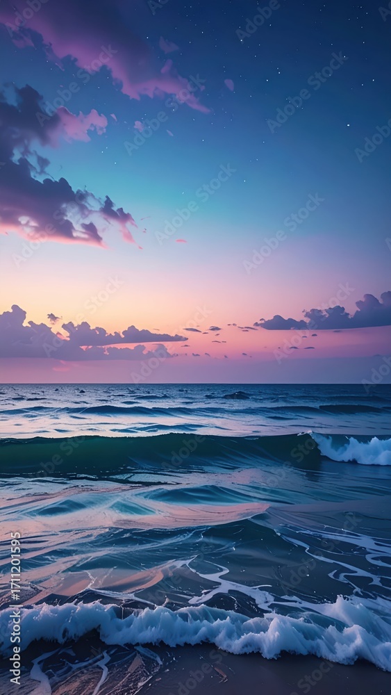 Obraz premium Serene Ocean Sunset with Waves and Colorful Skies at Dusk