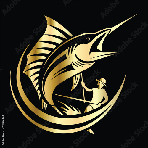 Golden Marlin Fish Logo Design – Luxury Sailfish Vector Emblem for Sport Fishing, Seafood Branding, Ocean Adventure Badge, Premium Fisherman Club Icon, Stylish Golden Logo Illustration.
