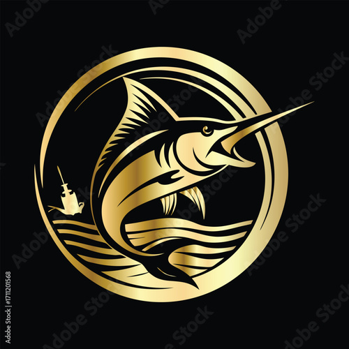 Golden Marlin Fish Logo Design – Luxury Sailfish Vector Emblem for Sport Fishing, Seafood Branding, Ocean Adventure Badge, Premium Fisherman Club Icon, Stylish Golden Logo Illustration.
