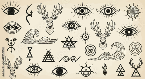 Esoteric Symbols: Deer, Eyes, Waves, Spirals, and Geometric Shapes in Black Ink