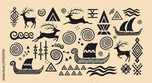 Diverse Collection of Prehistoric-Inspired Symbols and Creatures