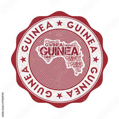Guinea seal. Country round logo with shape of Guinea and country name in multiple languages wordcloud. Authentic emblem. Beautiful vector illustration.