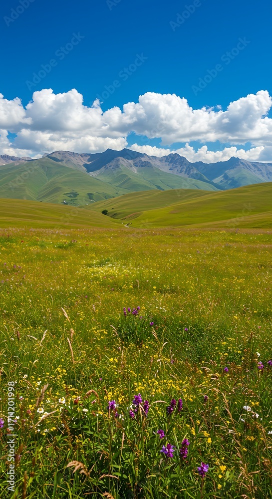 Fototapeta premium Sun-Drenched Meadows and Distant Peaks