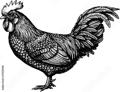Rooster sketch engraving black and white outline. Scratch board imitation. illustrated in vintage line art style on a white background.
