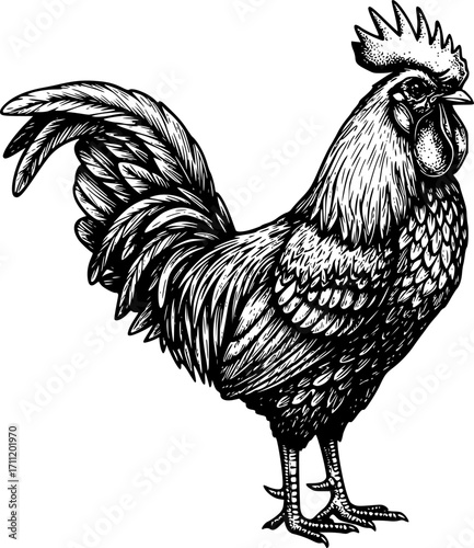 Rooster sketch engraving black and white outline. Scratch board imitation. illustrated in vintage line art style on a white background.
