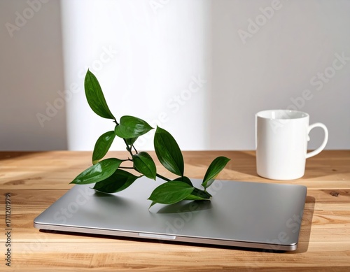 Wallpaper Mural Simple still life of a laptop, plant, and cup Torontodigital.ca