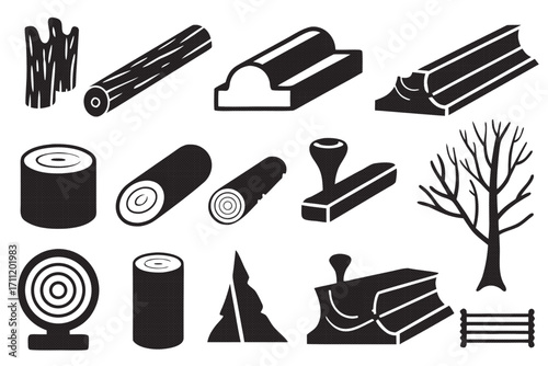 Collection of forestry and woodworking icons, featuring logs, tools, and timber for lumber and carpentry projects