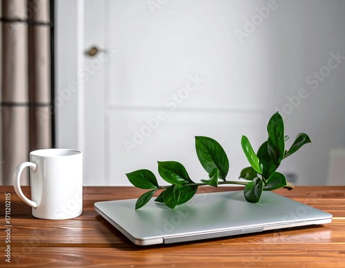 Wallpaper Mural Simple Workspace with Laptop, Plant, and Coffee Cup Torontodigital.ca