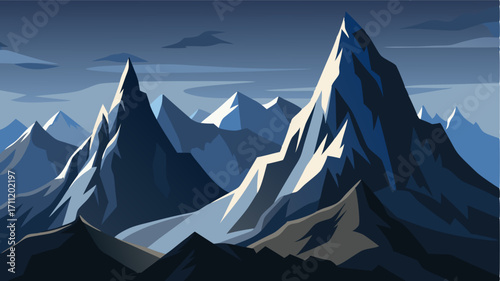 Jagged peaks stretch towards the cloudless sky casting deep shadows over the rugged terrain below.