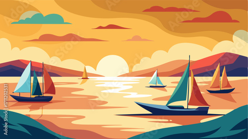 A windswept coastal estuary dotted with colorful sailboats their sails billowing against the backdrop of a golden sunset.