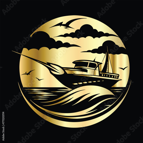 Golden Marlin Fish Logo Design – Luxury Sailfish Vector Emblem for Sport Fishing, Seafood Branding, Ocean Adventure Badge, Premium Fisherman Club Icon, Stylish Golden Logo Illustration.
