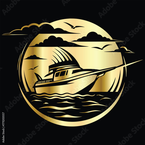Golden Marlin Fish Logo Design – Luxury Sailfish Vector Emblem for Sport Fishing, Seafood Branding, Ocean Adventure Badge, Premium Fisherman Club Icon, Stylish Golden Logo Illustration.

