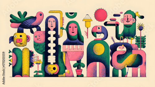 Colorful abstract art featuring whimsical figures and shapes in vibrant hues.