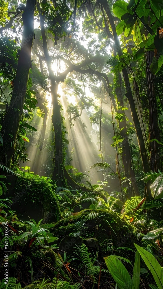 Fototapeta premium Lush Rainforest with Sunlight Filtering Through Dense Canopy