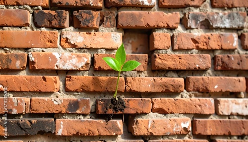 Small sprout pushing through a weathered brick wall