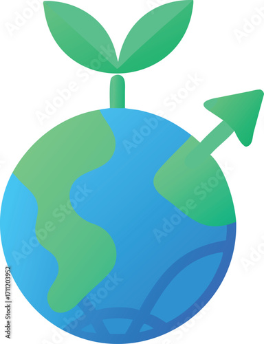 Solid fill blue-green gradient Globe with eco leaf growing from arrow tip.