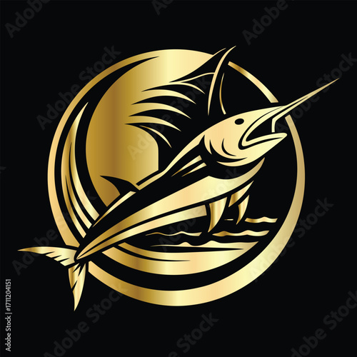 Golden Marlin Fish Logo Design – Luxury Sailfish Vector Emblem for Sport Fishing, Seafood Branding, Ocean Adventure Badge, Premium Fisherman Club Icon, Stylish Golden Logo Illustration.
