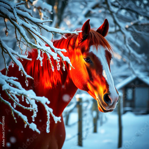 Red Horse, Symbol of 2026 Chinese New Year, in Winter Forest
