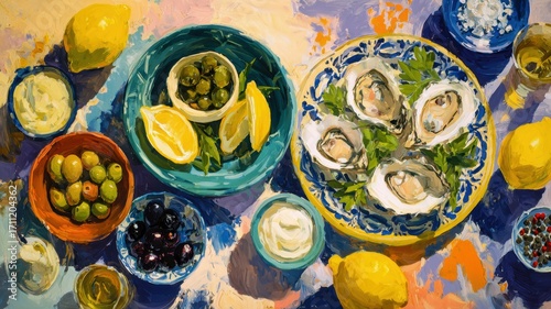 Fototapeta Naklejka Na Ścianę i Meble -  Oyster lemon olive and sauce on colorful ceramic plate vibrant coastal inspired fresh lively artistic Mediterranean style