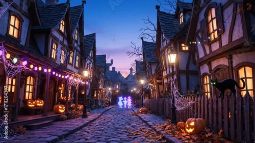Animated spooky street decorated for Halloween with glowing jack o' lanterns as ghosts trick or treat at night.