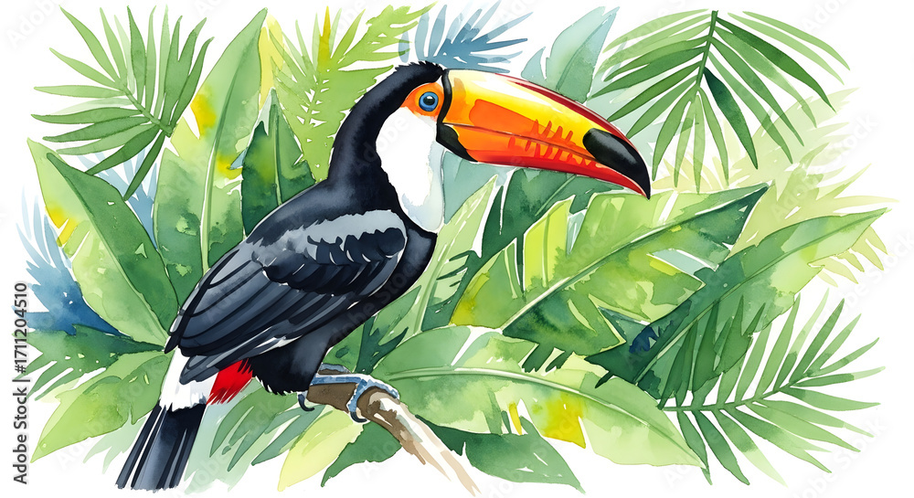 Naklejka premium Vibrant toucan perched among lush green tropical foliage watercolor painting art