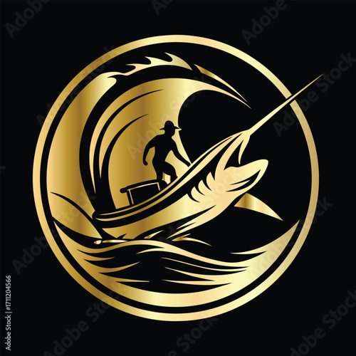 Golden Marlin Fish Logo Design – Luxury Sailfish Vector Emblem for Sport Fishing, Seafood Branding, Ocean Adventure Badge, Premium Fisherman Club Icon, Stylish Golden Logo Illustration.
