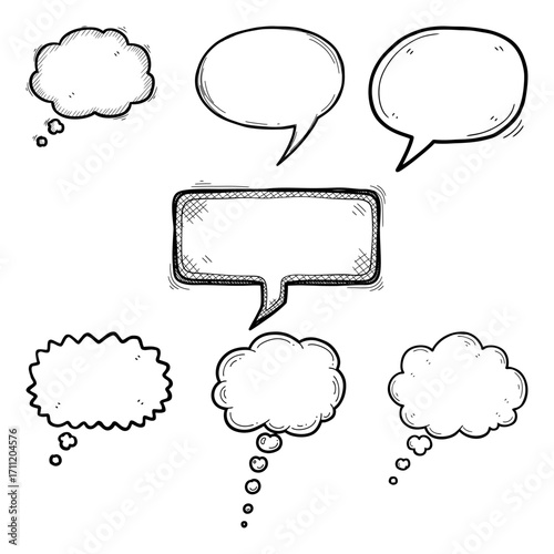 Collection of hand-drawn comic speech bubbles and thought clouds in a sketchy doodle style for communication and ideas