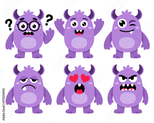 A collection of six adorable purple cartoon monsters displaying various emotions like confusion, excitement, winking, sadness, love, and anger.