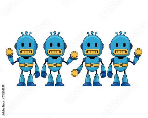 Four blue robots with yellow details, each holding a gold coin, standing in a row.