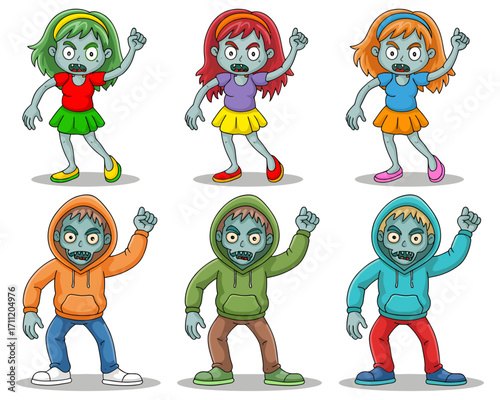 A collection of six cartoon zombie characters, three female and three male, depicted in various colorful outfits and poses, with green skin and menacing expressions.