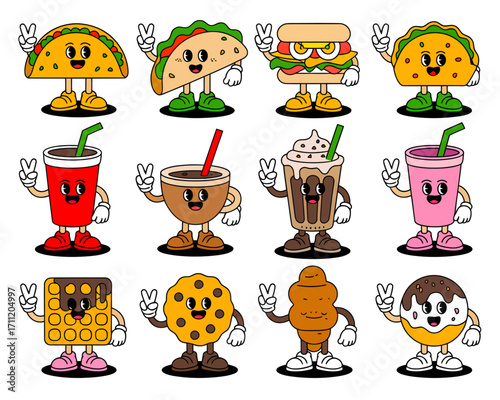 Cute cartoon food characters showing peace signs, including tacos, burgers, drinks, cookies, and pastries.